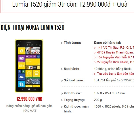 Nokia lumia 1520 chính hãng giảm giá tới 3 triệu đồng - 1