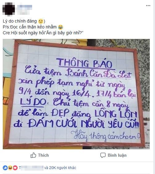 Lý do nghỉ bán bánh để làm đẹp chuẩn bị đám cưới người yêu cũ khiến dân mạng thích thú - 1