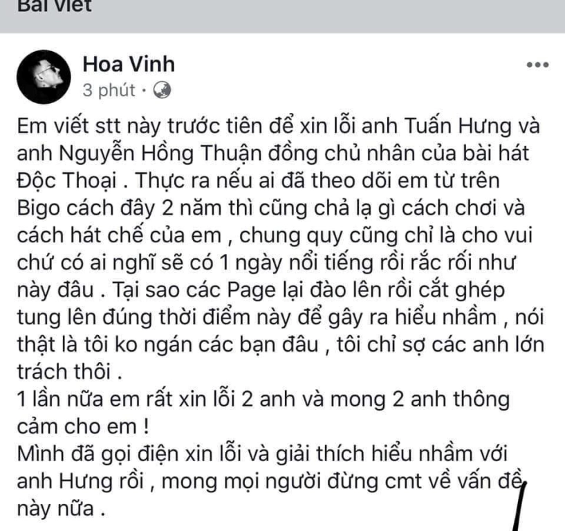 Chế bài với ca từ phản cảm bị tuấn hưng dằn mặt hoa vinh lập tức xin lỗi - 1