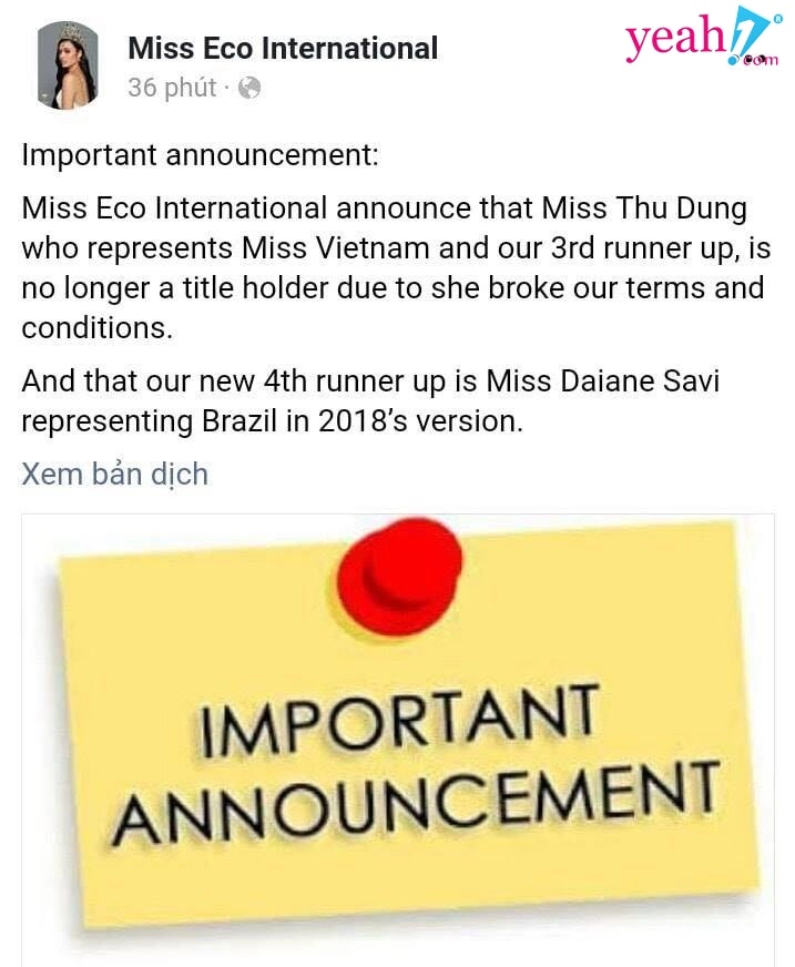 Thư dung tiếp tục bị thu hồi danh hiệu á hậu 2 miss eco international 2018 - 1