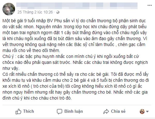 Chỉ vì trò đùa của bạn trai cùng lớp bé gái 9 tuổi bị chấn thương bộ phận sinh dục - 1