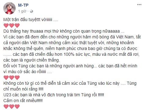 Sơn tùng gửi lời đến tuyển u23 các bạn là nhà vô địch trong trái tim tùng - 1