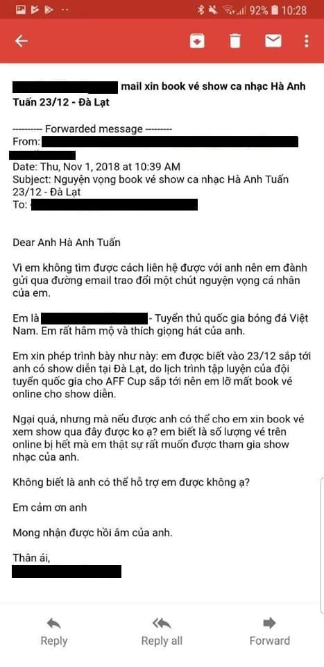 Viết email cho hà anh tuấn xin hỗ trợ vé xem show cầu thủ giấu mặt đang được truy lùng - 2