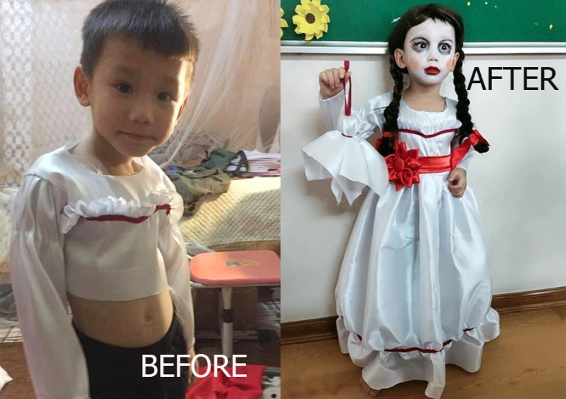 Halloween mẹ trẻ biến con thành annabelle nổi nhất lớp mẫu giáo lúc tẩy trang nhiều người giật mình - 5