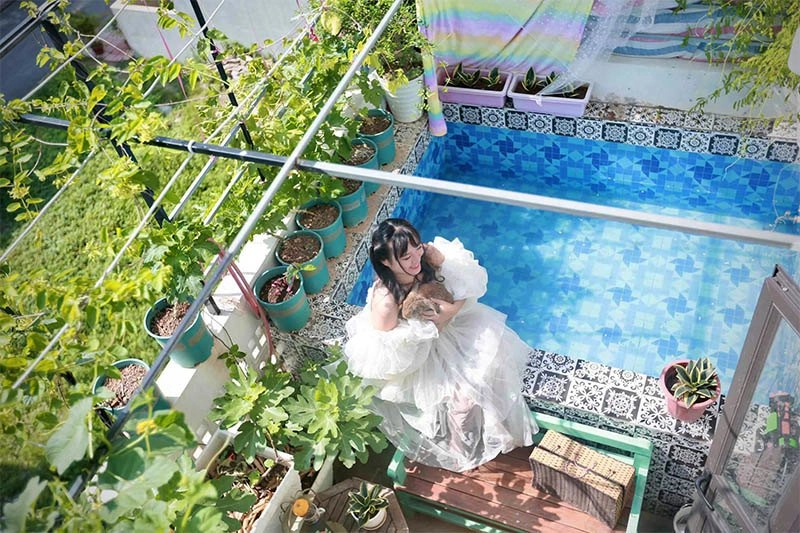Mẹ hà nội vác đất lên sân thượng làm vườn thạch sanh 30m2 có bể bơi trồng rau nuôi cá - 1