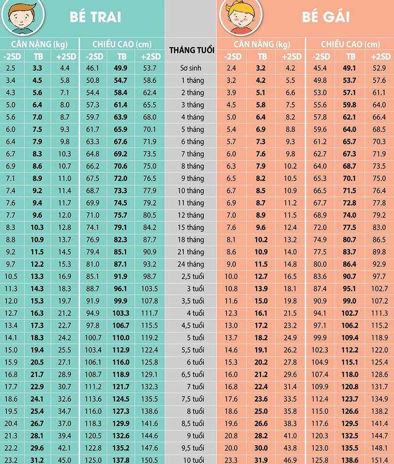Bảng chiều cao cân nặng của trẻ từ 0 - 10 tuổi và cách đọc - 1