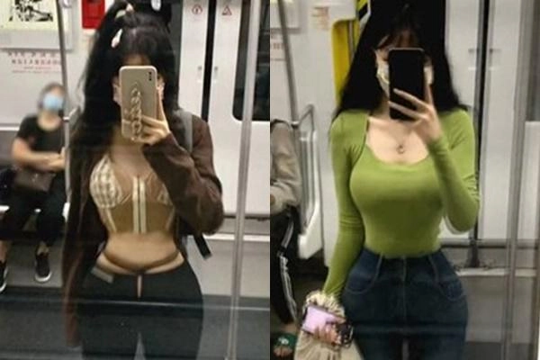 Chụp ảnh trên tàu điện ngầm cô gái này nổi như cồn vì chiếc áo lộ vòng eo vô thực - 2