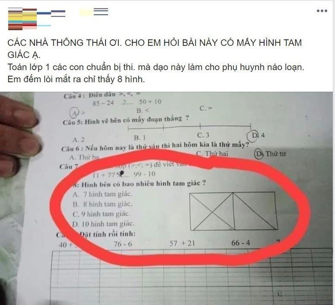 Mẹ làm bài tập toán lớp 1 của con đếm được 11 hình tam giác phụ huynh khác náo loạn vì chỉ đếm được 8 - 2