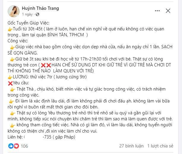 Dv huỳnh thảo trang tìm bảo mẫu trông con tổng cộng 7tiêu chí nhưng mức lương gây tranh cãi - 3