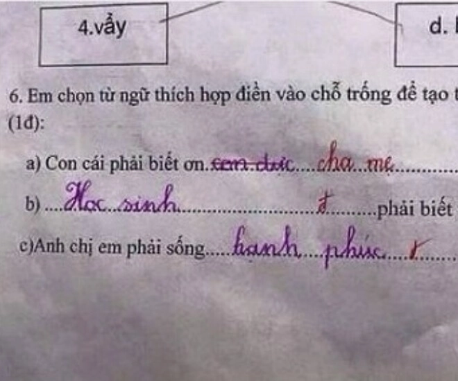 Được giáo viên giao bài tập điền từ con cái cần phải biết ơn đáp án của bé tiểu học khiến cô giáo lo lắng - 1