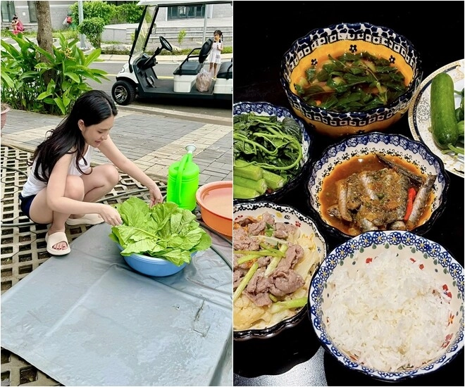 Em gái phương linh ca sĩ nhà giàu hoa hậu nhà nghèo đều khoái chí với mâm cơm từ rau sạch tự hái - 3