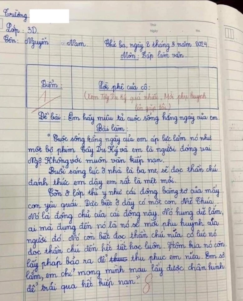 Bài văn 1 điểm của bé trai lớp 3 tả cuộc sống hàng ngày khiến cô giáo đỏ mặt lập tức mời phụ huynh đến trường - 1