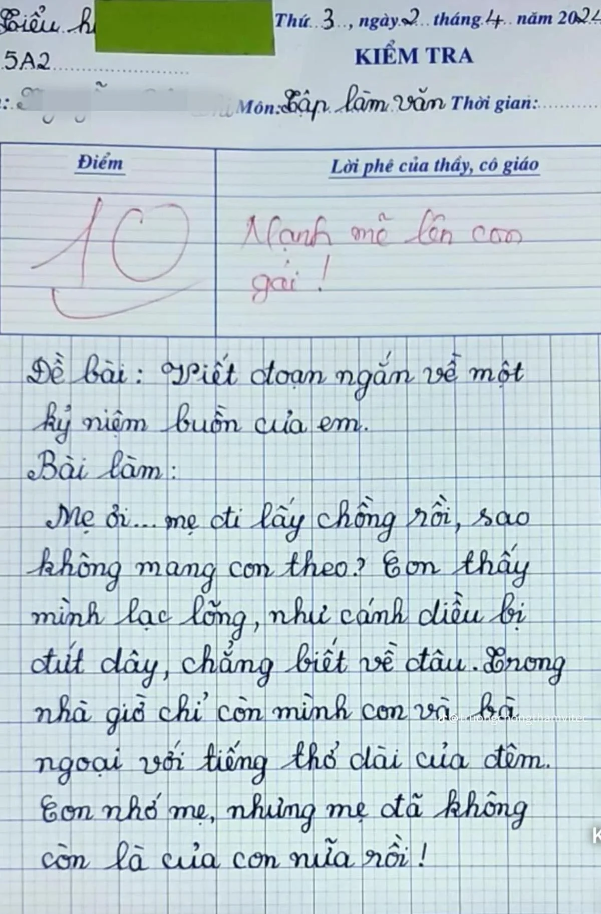 Bé gái lớp 5 làm văn kể về kỷ niệm buồn cô giáo đọc xong liền chấm điểm 10 ai nấy đều rơi nước mắt - 1