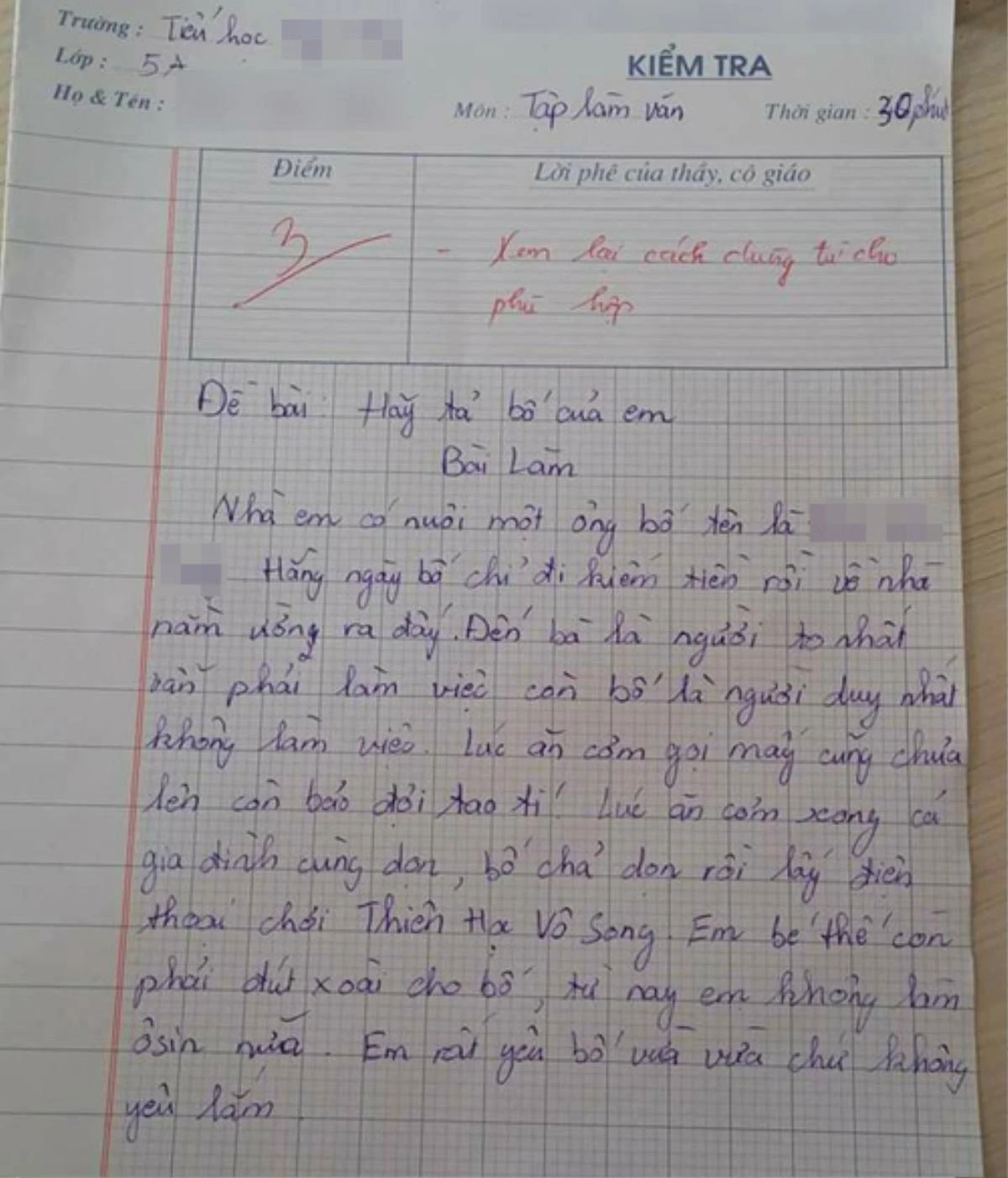 Bé lớp 5 viết văn tả bố bị chấm 3 điểm đọc dòng cuối bài văn ai nấy ngã ngửa - 1