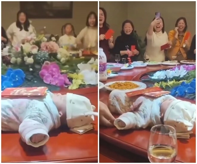 Cả gia đình đặt em bé sơ sinh nằm trên bàn ăn rồi quay tròn hành động tiếp theo khiến ai cũng phẫn nộ - 1