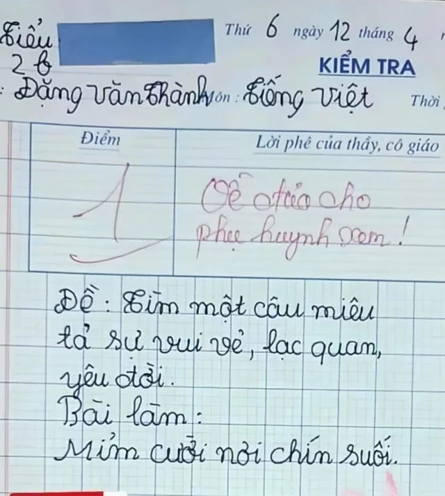 Cô giáo ra đề văn miêu tả sự lạc quan bài làm của bé lớp 2 bị chấm 1 điểm ai đọc cũng cười ngất - 1