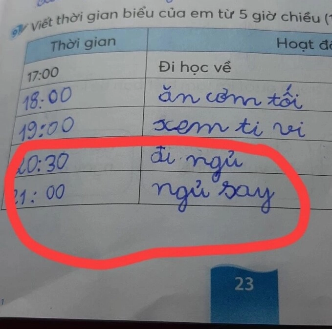 Cô giáo yêu cầu viết thời khóa biểu một ngày học sinh tiểu học kể việc làm vào mỗi 9 giờ tối khiến nhiều người té ngửa - 1