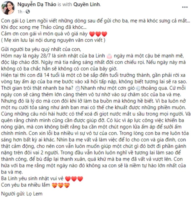 Con gái tuấn hưng viết thư gửi bố đôi lúc con hơi bực nhưng bố mẹ rất kiên nhẫn ai cũng tấm tắc khen - 10