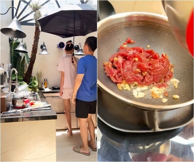 Lê thúy nấu ăn giữa trời nắng chồng phải đứng che ô cho cô vợ cao nghều - 3