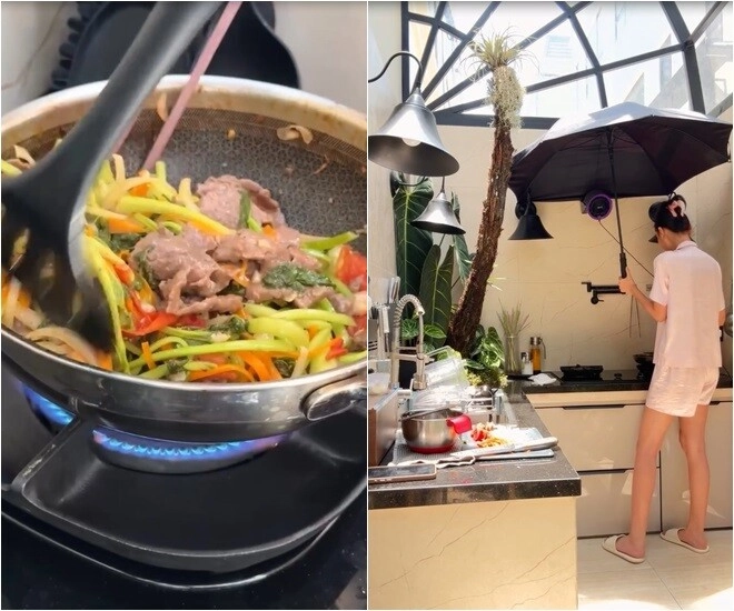 Lê thúy nấu ăn giữa trời nắng chồng phải đứng che ô cho cô vợ cao nghều - 6