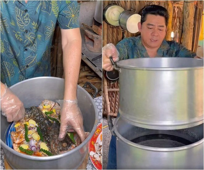Tài tử ở nhà vườn 6000m2 vác nồi siêu to ra nấu con cá chẽm 5kg nhận mưa like - 2
