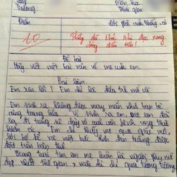 Viết văn tả mẹ bé trai nhận được điểm 10 tròn trĩnh thầy giáo bật khóc ngay từ dòng đầu tiên - 1