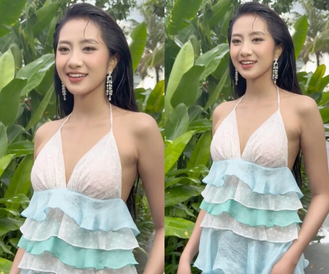 Hoa hậu 2k4 diện váy xẻ ngực lần đầu diễn thời trang sau đăng quang netizen xem 100 lần chưa thấy cuốn chỗ nào - 1