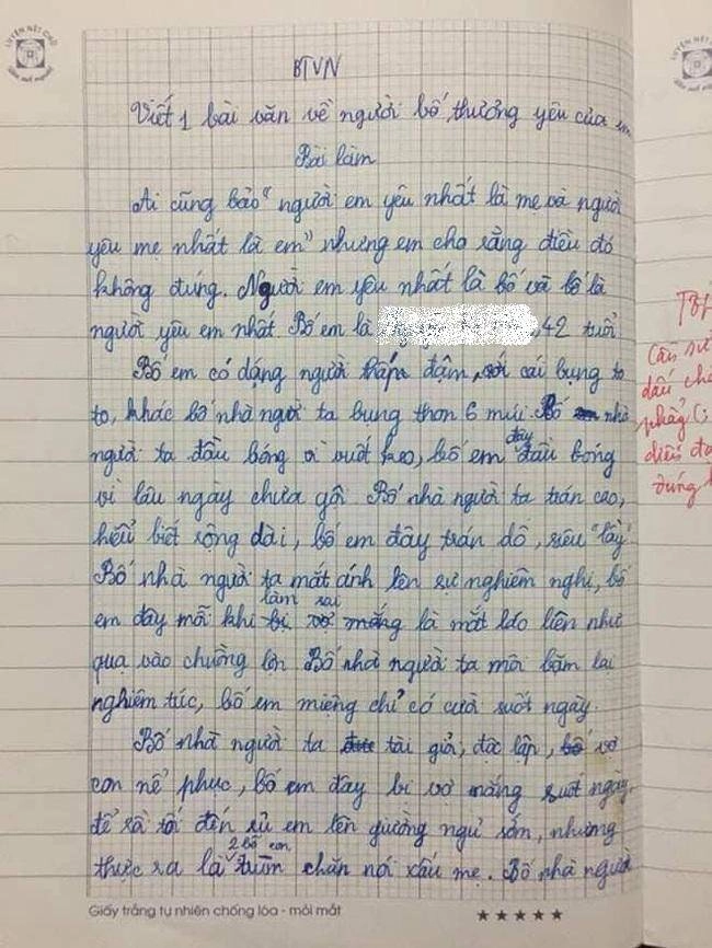 Viết văn so sánh bố mình và bố người ta bé lớp 5 nhận điểm 10 tròn trĩnh lời phê của cô giáo gây chú ý - 2