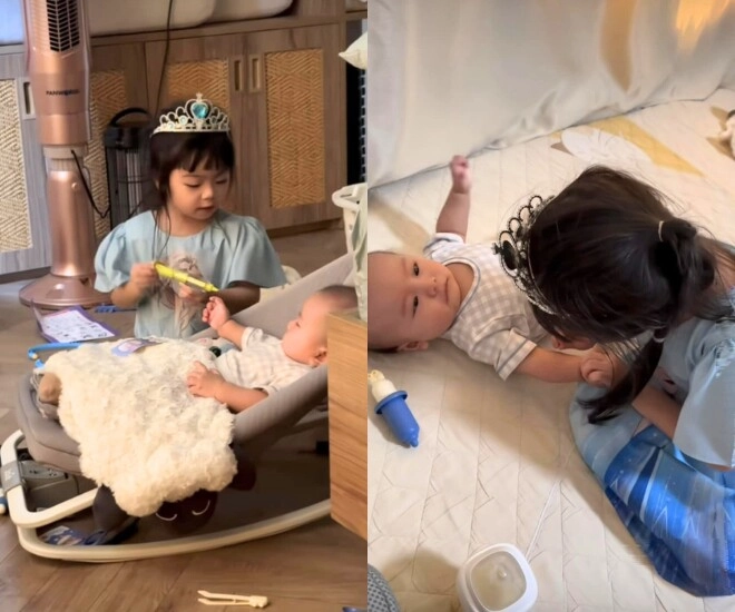 Cặp song sinh nhà vân trang xinh như búp bê thường khóc vì giành mẹ giờ ra dáng chị gái từ ngày có em trai - 13