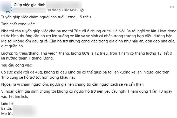 Con gái tuyển giúp việc lương 15 triệutháng chăm 2 bố mẹ 70 tuổi gây tranh cãi - 2