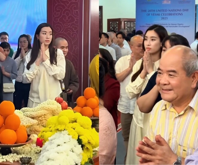 Hoa hậu đỗ mỹ linh tháp tùng bầu hiển đi chiêm bái xá lợi phật khí chất chuẩn dâu hào môn - 2