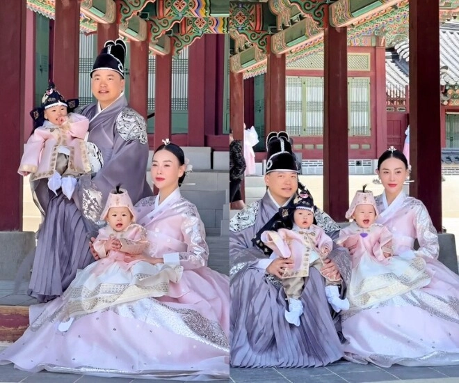 Phương oanh diện hanbok sang trọng bên shark bình vẫn bị lu mờ trước 2 con song sinh đáng yêu như hoàng tử công chúa - 3
