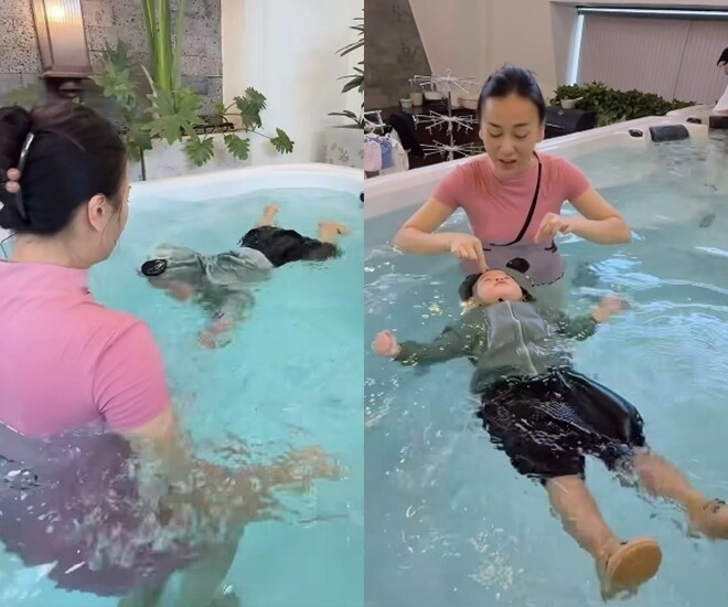 Phương oanh khoe con trai hơn 1 tuổi đã bơi được nửa bể quý tử của shark bình khiến mọi người thót tim - 1