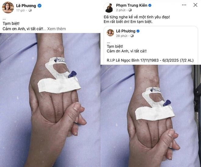 Sao việt 24h lê phương đăng ảnh nắm chặt tay quý bình trên giường bệnh nghẹn ngào vĩnh biệt tình cũ chồng trẻ nói biết ơn - 1