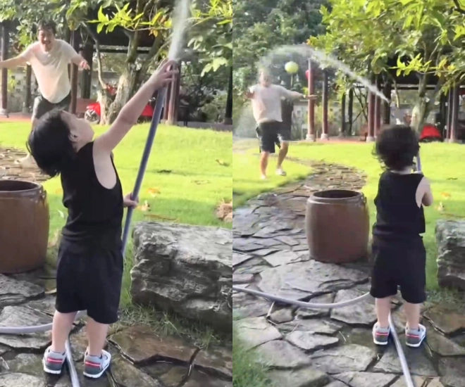 Video con trai trường giang nghịch nước trong biệt thự 70 tỷ hút triệu view bé hope nay tuấn tú tóc xoăn như lai tây - 1