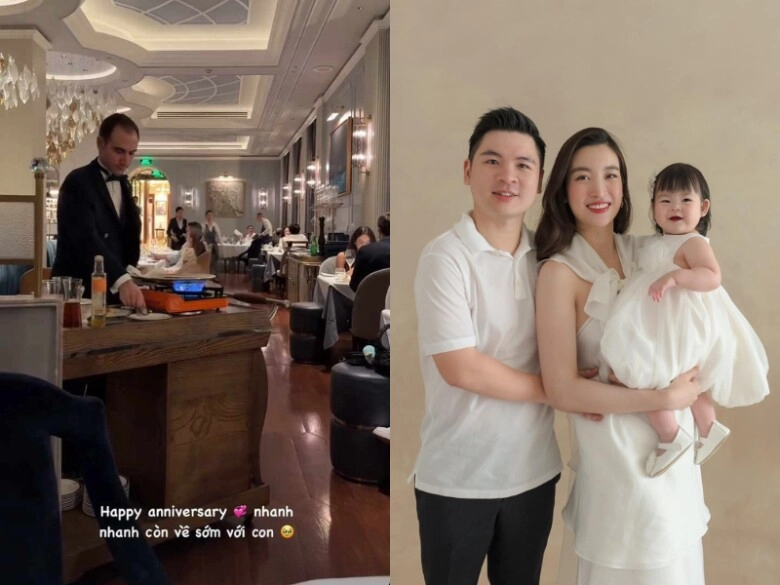 Vợ chồng đỗ mỹ linh kỷ niệm 2 năm ngày cưới đi ăn sang trọng vẫn phải tranh thủ về chăm ái nữ - 2