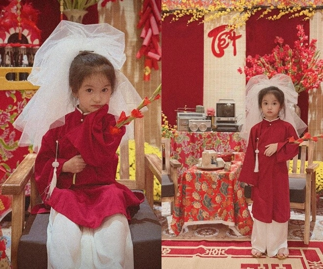 Ái nữ nhà sao việt đụng hàng áo dài đỏ đón tết con cường đô la như người mẫu con đoàn di băng thành cô dâu - 1
