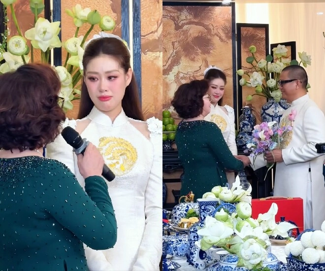 Đám hỏi của hoa hậu khánh vân với chồng hơn 17 tuổi cô dâu bật khóc rơi nước mắt vì được gọi tiếng chồng ơi - 8