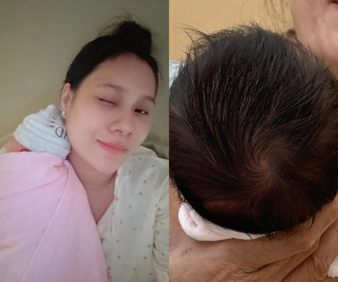 Hồ bích trâm khoe ái nữ tóc đen thui khác hẳn anh trai ông xã doanh nhân đầu bù tóc rối chăm con mới chào đời - 1