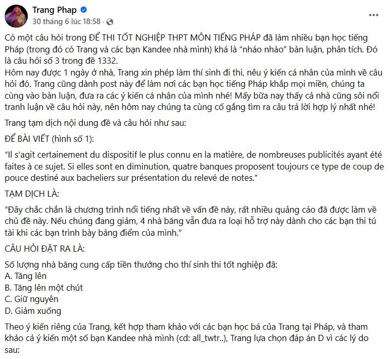 Mỹ nhân việt giải đề thi tốt nghiệp thpt tiếng pháp đúng 100 có bố là giáo sư u40 chưa chồng để tóc thanh long - 3