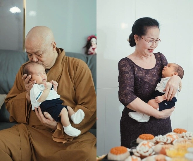 Võ hạ trâm làm tiệc đầy tháng cho quý tử lai ấn milo nằm yên bình trong vòng tay của ông ngoại đã xuất gia - 6