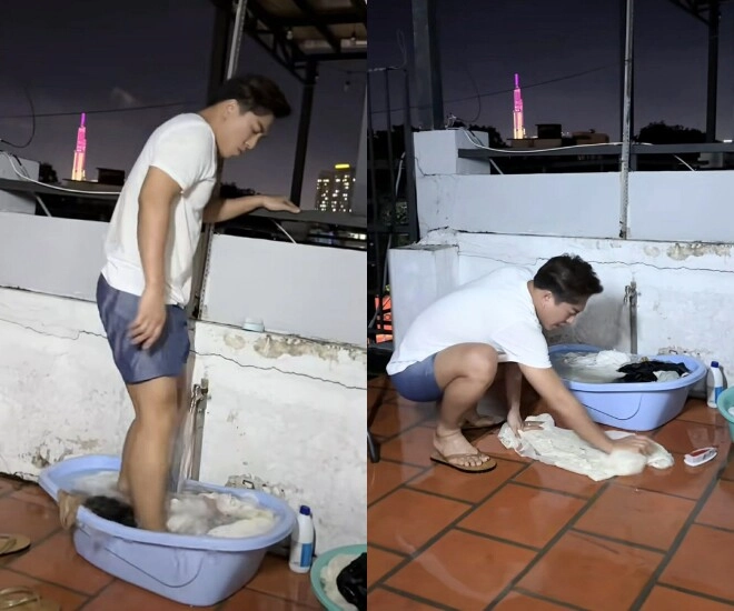 Chồng thanh trúc đi làm về ngồi giặt quần áo cho vợ làm bố bỉm bế bồng con gái vẫn chăm làm việc nhà - 1