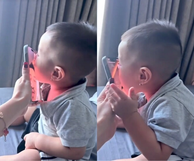 Bạn gái quang minh khoe cảnh con hôn tới tấp vào điện thoại khi bố đi làm xa quý tử bé xíu đã sống tình cảm - 1