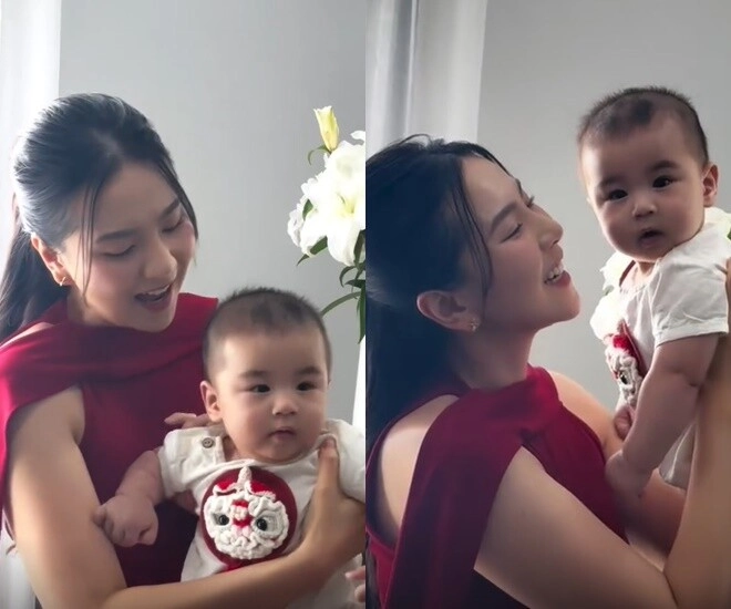 Con trai mai ngọc 5 tháng tuổi đã theo mẹ đi làm bé xíu đã dạn dĩ trước ống kính hứng thú với nghề mc thời tiết - 1