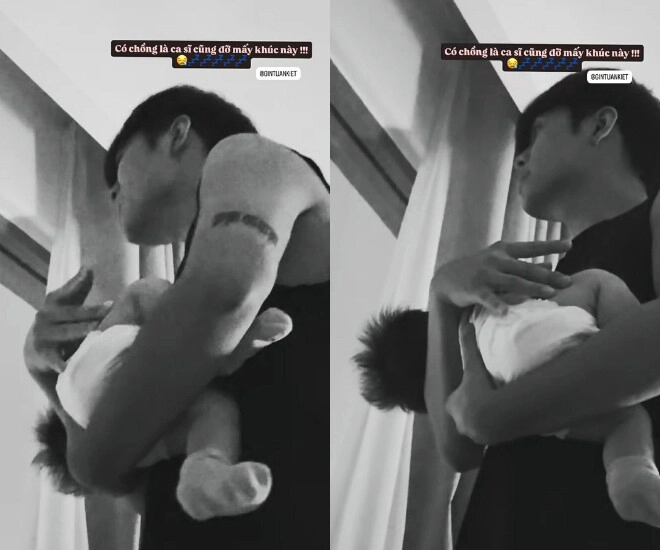 Puka khoe cảnh chồng bế ru con sau nửa năm sinh bé đầu lòng nhóc tì nay bụ bẫm với đầu đầy tóc - 1