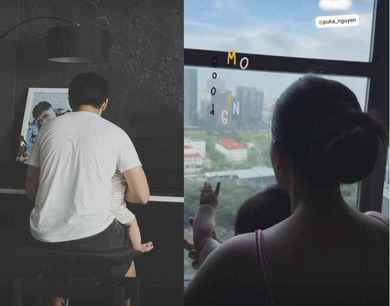 Puka khoe cảnh chồng bế ru con sau nửa năm sinh bé đầu lòng nhóc tì nay bụ bẫm với đầu đầy tóc - 4